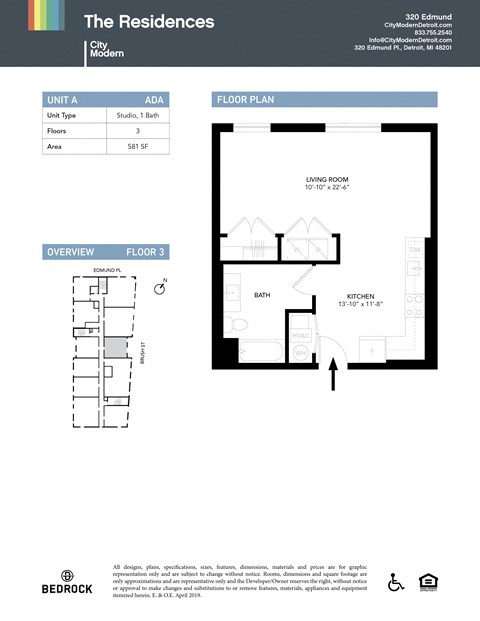 Floor plan for studio, 1 bath